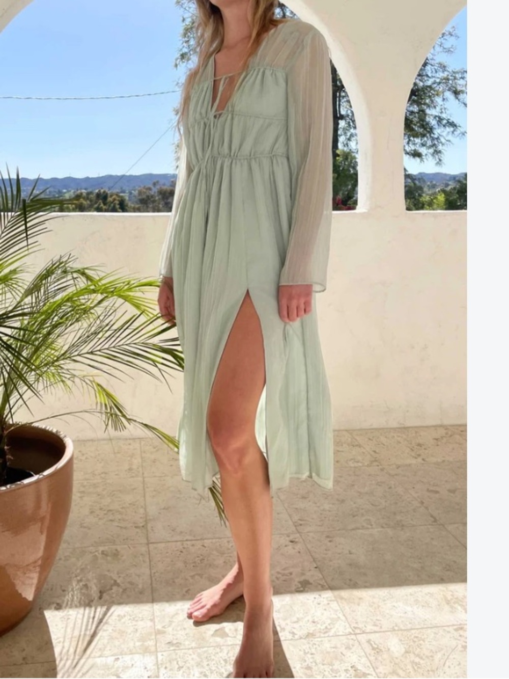 OAK + FORT Light Sage Long-Sleeve Split Midi Dress